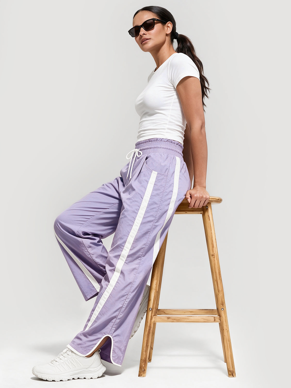 Drawstring Elastic Contrast Color Pants - Fisoew