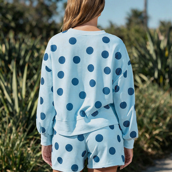 Polka Dot Sweatshirts With Short Sets - Fisoew