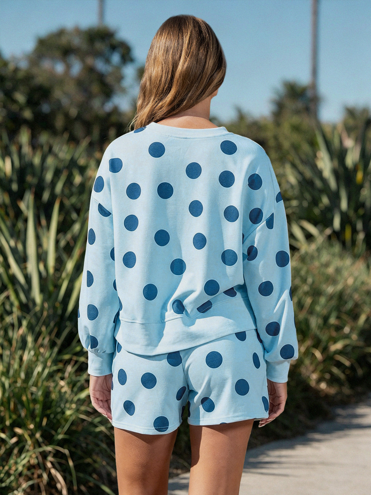 Polka Dot Sweatshirts With Short Sets - Fisoew