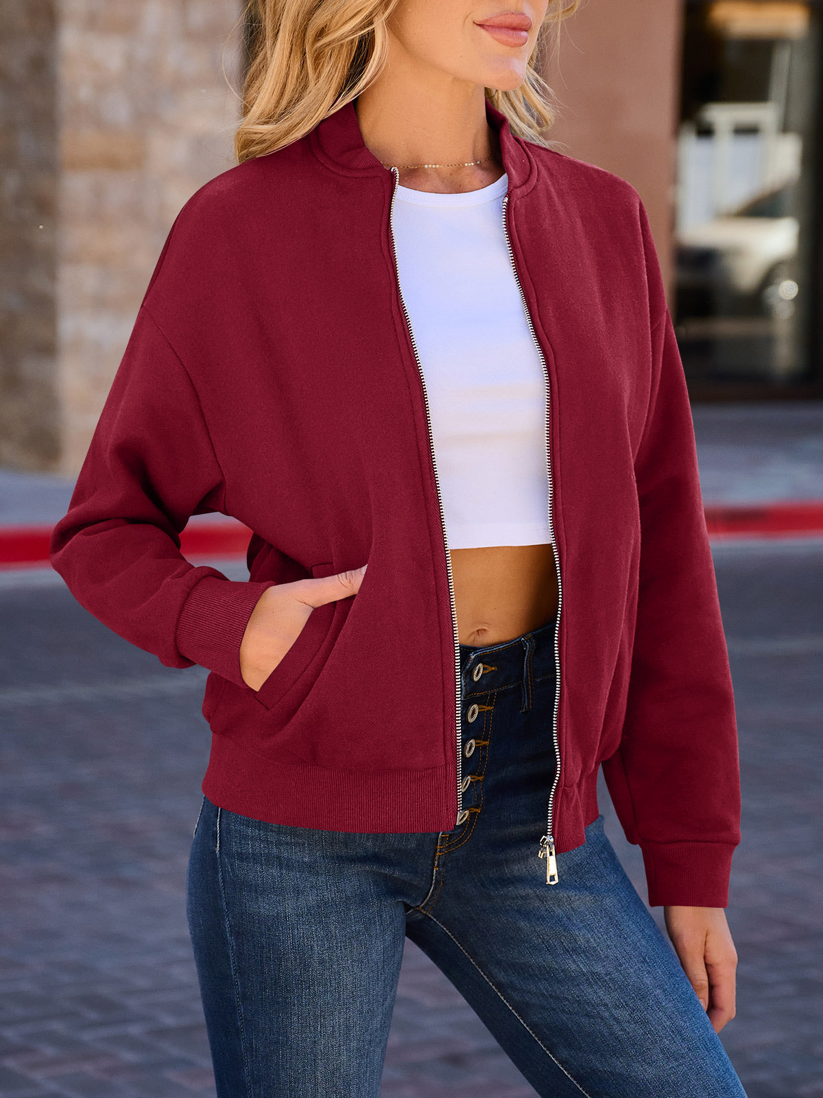 Zip Up With Pockets Long Sleeve Jackets - Fisoew