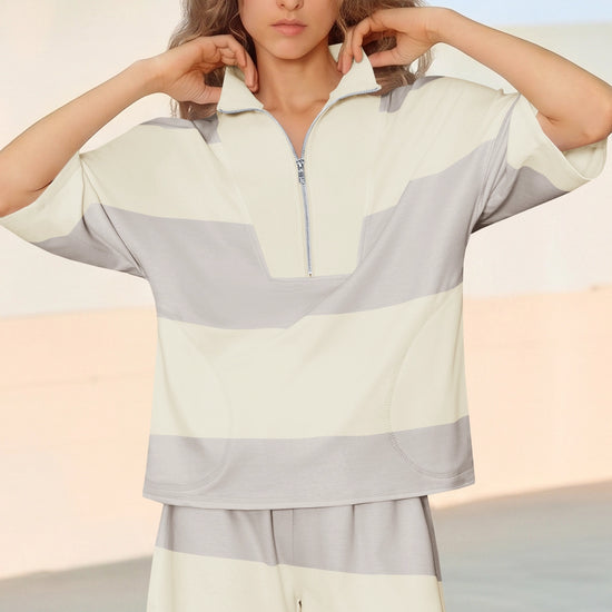Womens Apricot 2 Piece Outfits Striped Sets Fisoew - Fisoew
