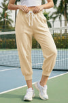Fisoew Women's Apricot Capri Joggers Trendy Drawstring Waist Sweatpants - Fisoew