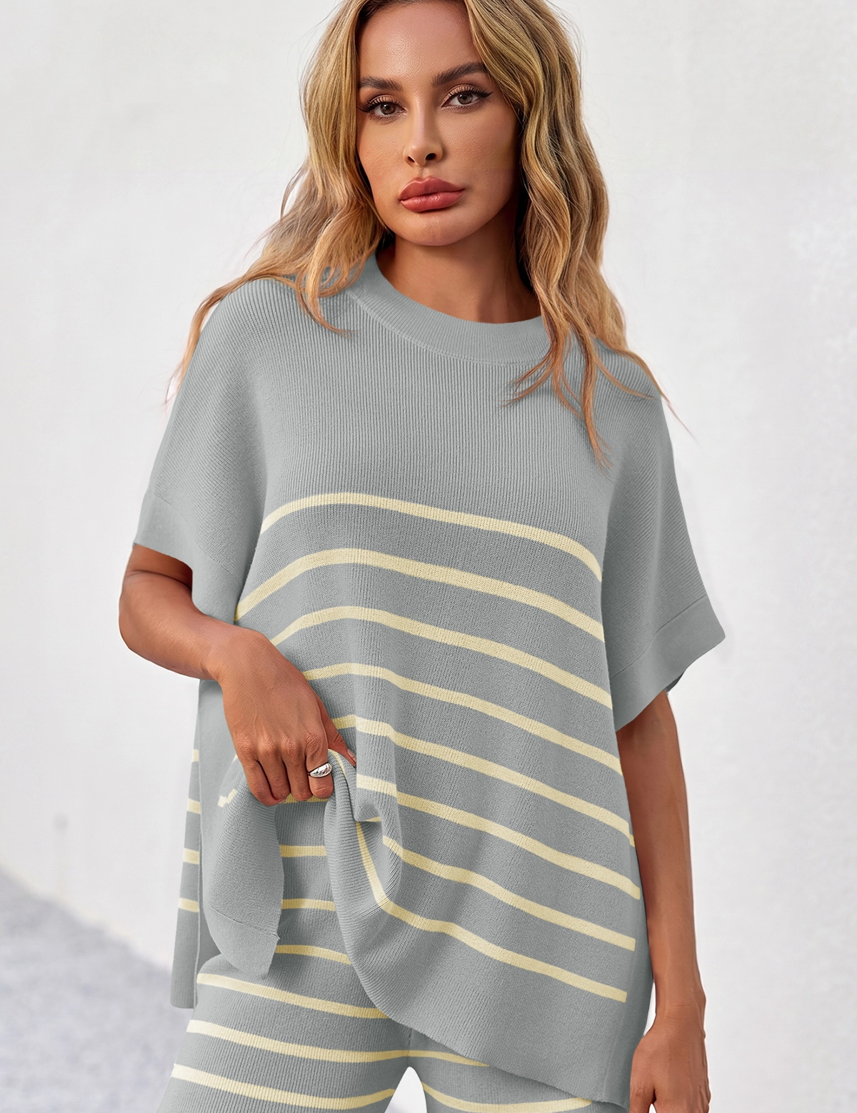 Fisoew Women's Light Grey Striped Oversized Lounge Short Sets - Fisoew