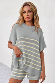Fisoew Women's Light Grey Striped Oversized Lounge Short Sets - Fisoew