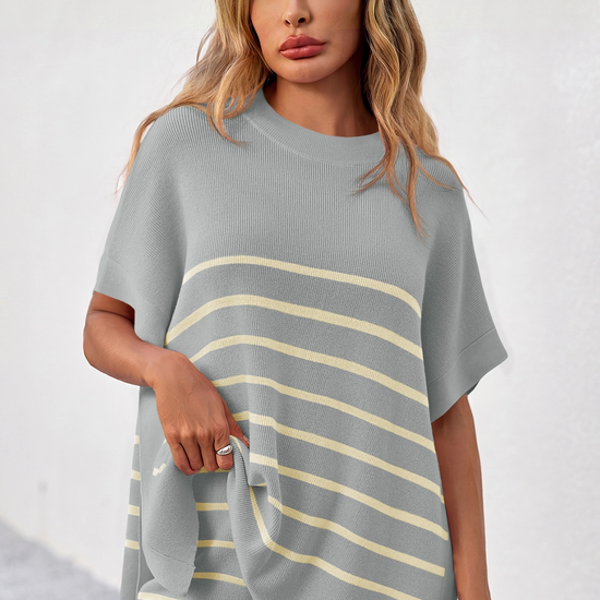 Fisoew Women's Light Grey Striped Oversized Lounge Short Sets - Fisoew