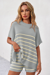 Fisoew Women's Light Grey Striped Oversized Lounge Short Sets
