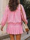 Stripe Zipper Jacket With Pleated Skirt Sets - Fisoew