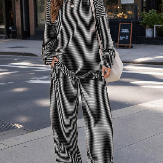 Striped Long Sleeve Top With Wide Leg Pants Set - Fisoew