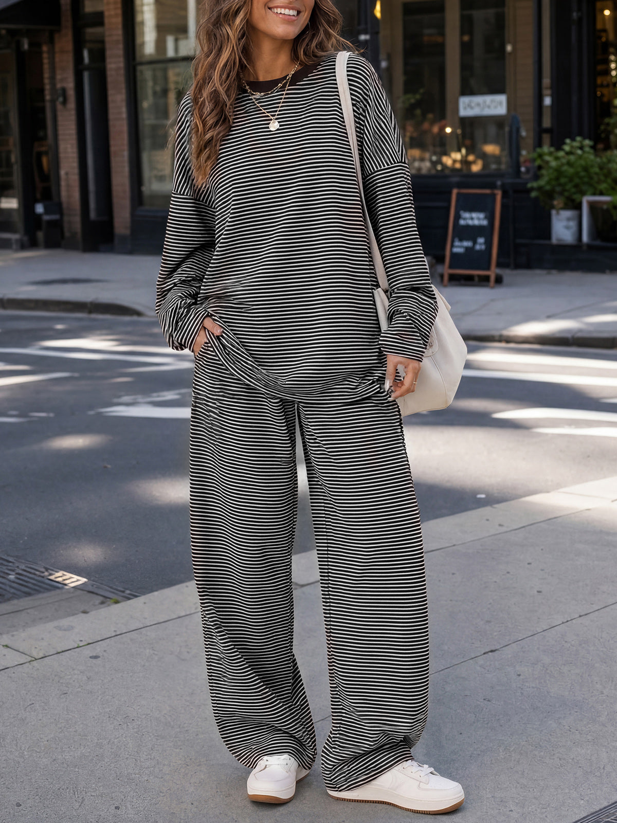 Striped Long Sleeve Top With Wide Leg Pants Set - Fisoew
