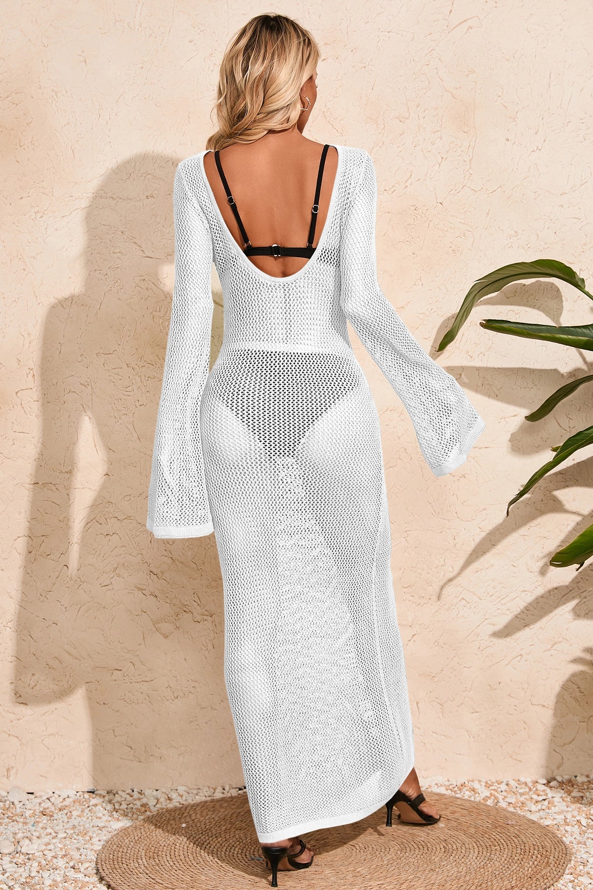 Fisoew Women's White Crochet  Long Sleeve Sexy Swimsuit Maxi Dress - Fisoew