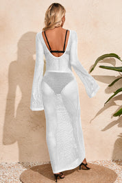 Fisoew Women's White Crochet  Long Sleeve Sexy Swimsuit Maxi Dress - Fisoew