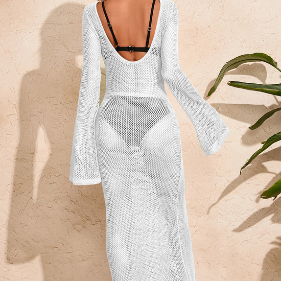 Fisoew Women's White Crochet  Long Sleeve Sexy Swimsuit Maxi Dress - Fisoew