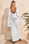 Fisoew Women's White Crochet  Long Sleeve Sexy Swimsuit Maxi Dress - Fisoew