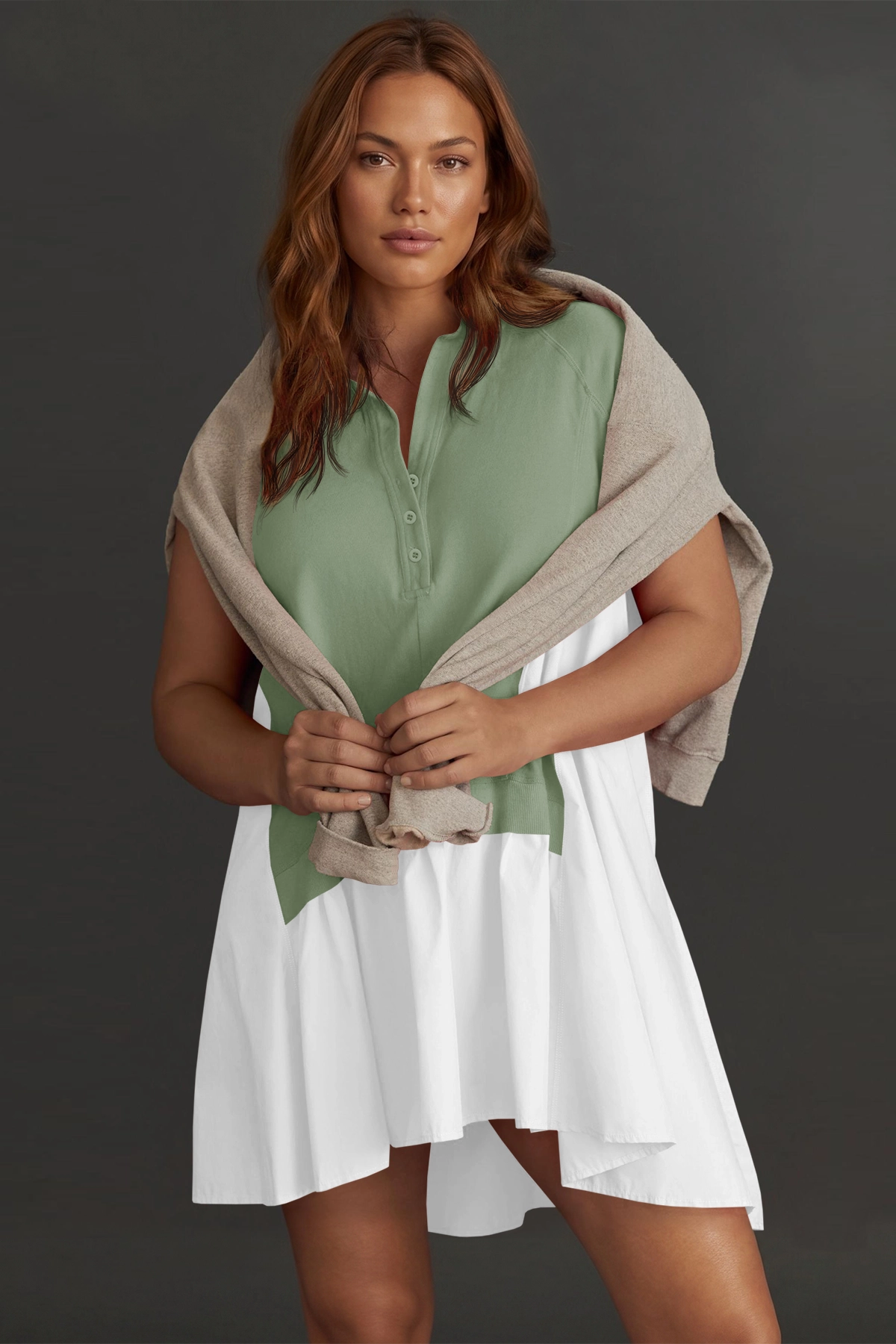 Fisoew Women's Green Oversized Patchwork Mini Dress