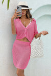 Fisoew Women's Pink Knit Short Sleeve Crop Top 2-Piece Sets - Fisoew