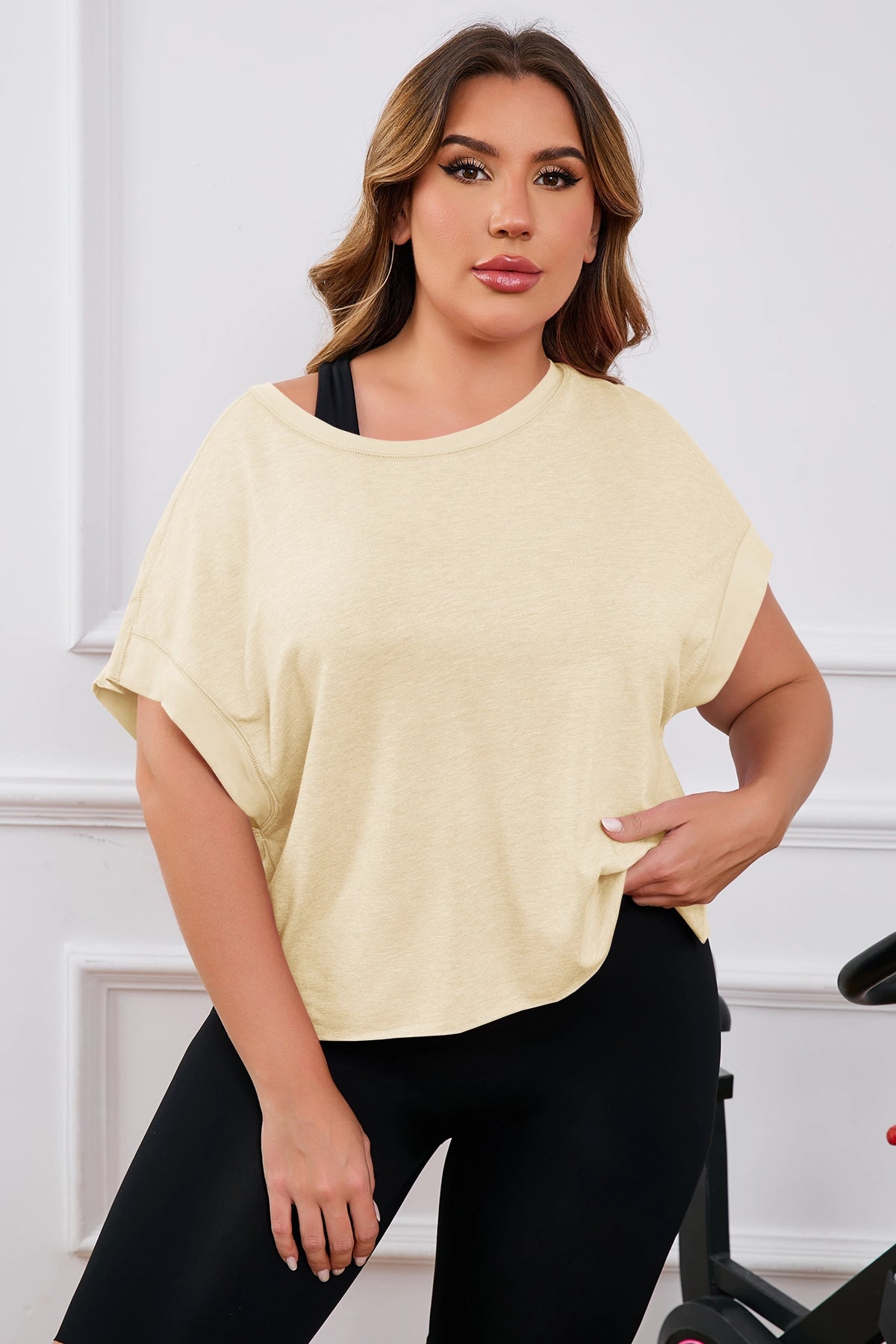 Fisoew Women's Beige Plus Size Open Back Workout Tops