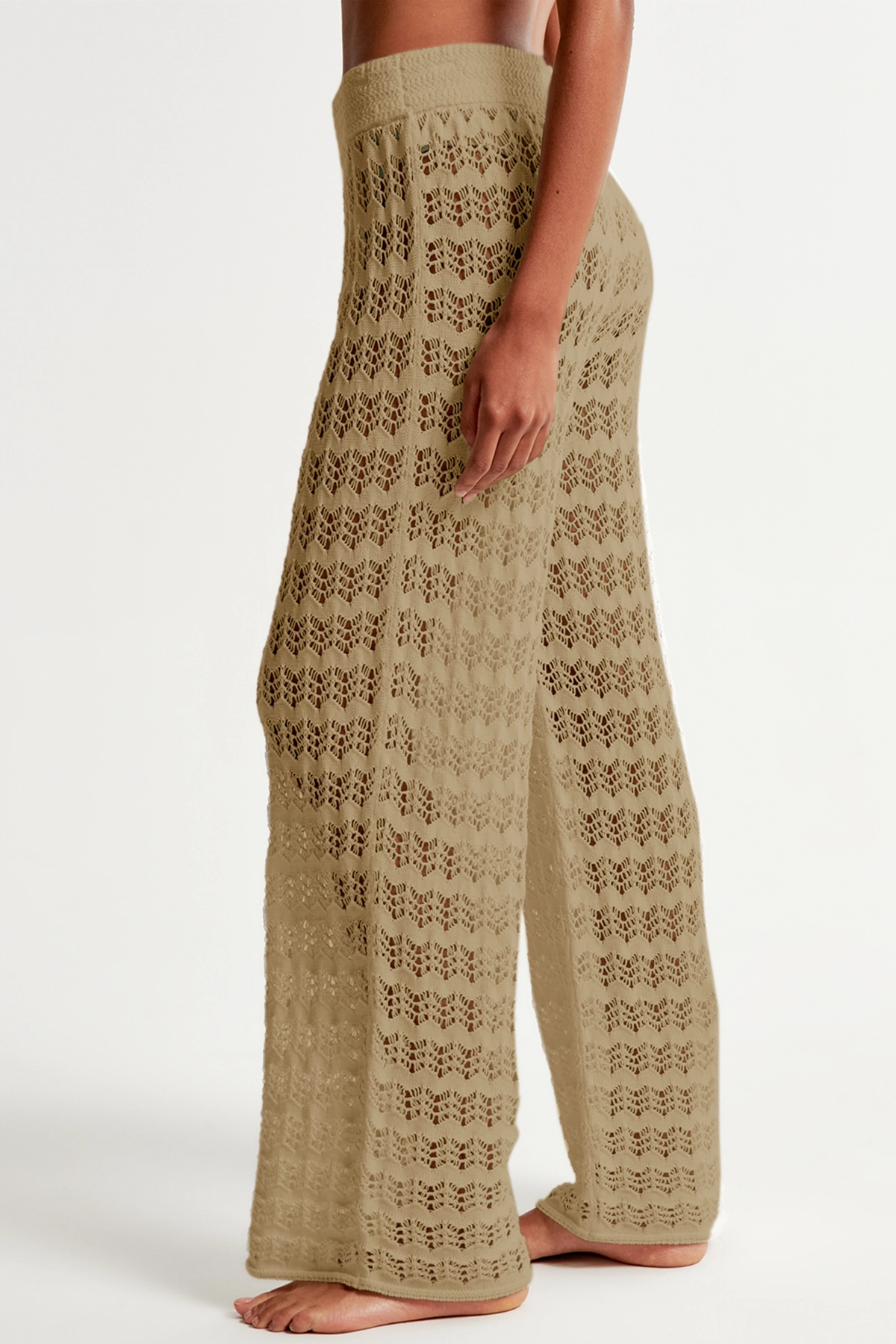 Fisoew Women‘s Khaki Crochet Sheer Mesh Cover Up Pants - Fisoew
