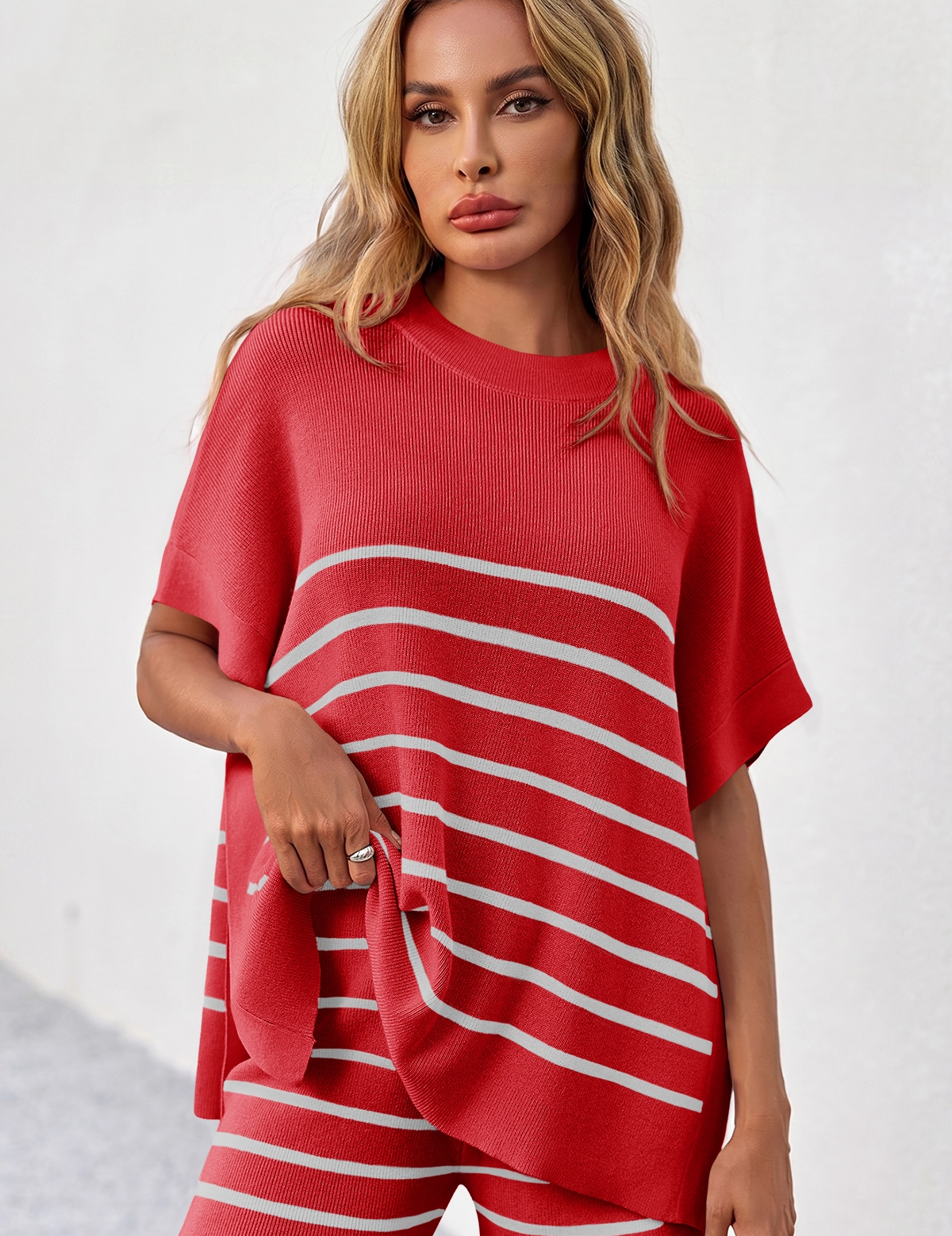 Fisoew Women's Red Striped Oversized Lounge Short Sets - Fisoew
