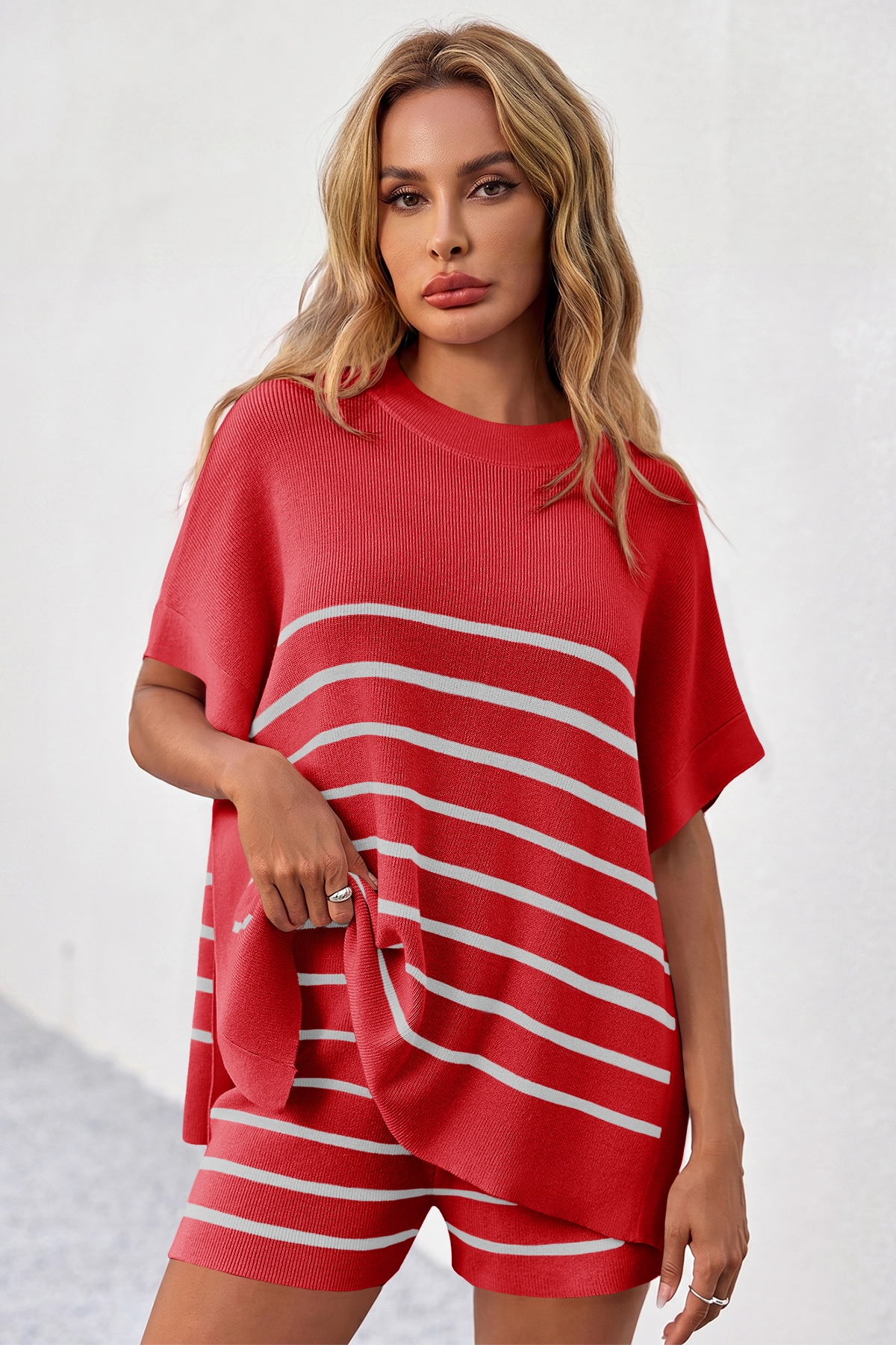 Fisoew Women's Red Striped Oversized Lounge Short Sets - Fisoew
