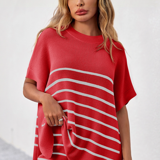 Fisoew Women's Red Striped Oversized Lounge Short Sets - Fisoew