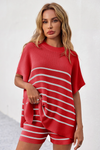 Fisoew Women's Red Striped Oversized Lounge Short Sets - Fisoew