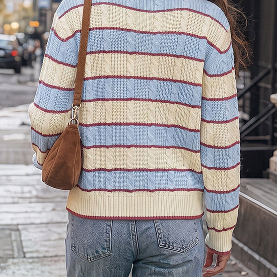 Colorblock Striped Half Button Pullovers - Fisoew