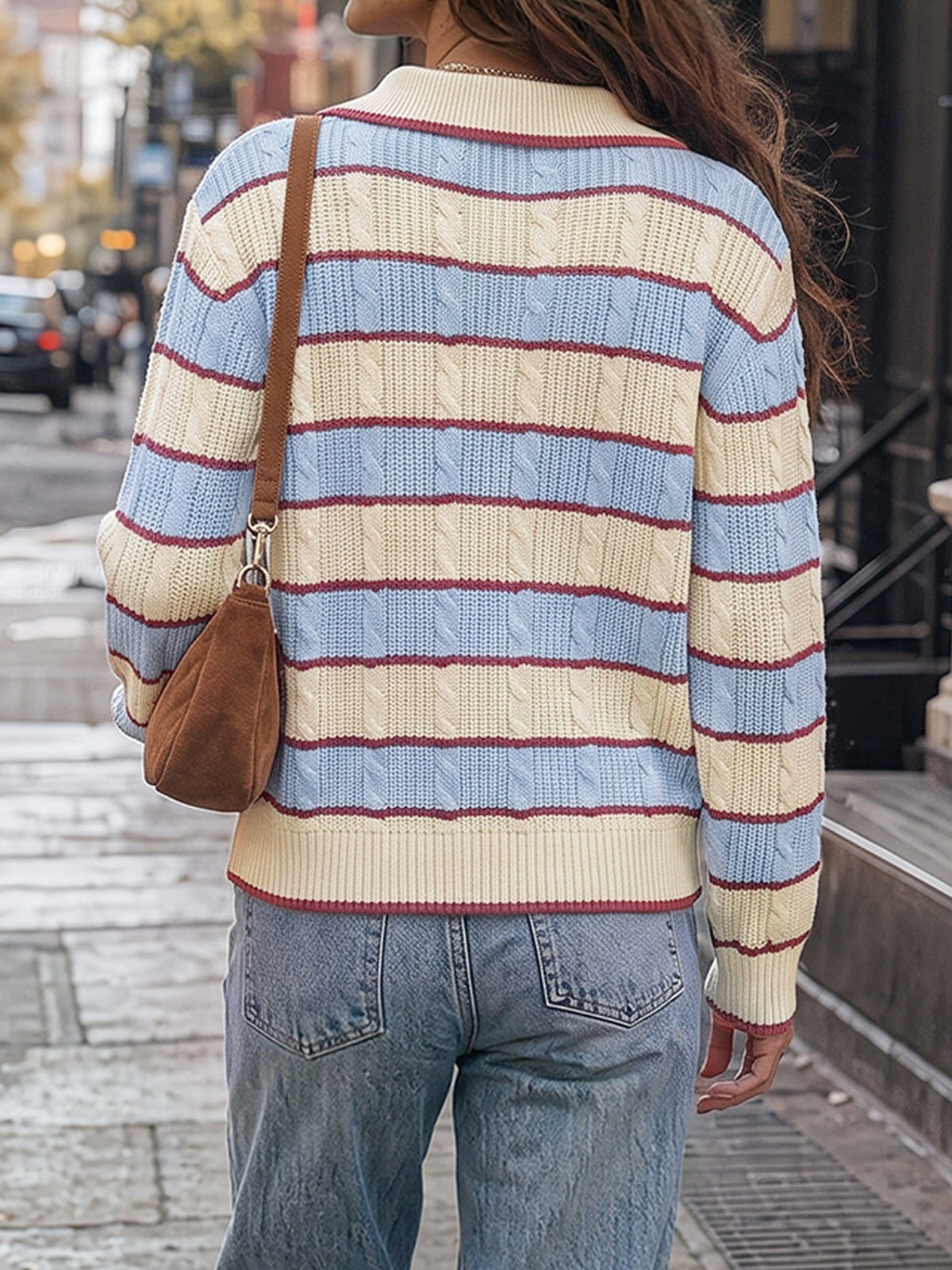 Colorblock Striped Half Button Pullovers - Fisoew
