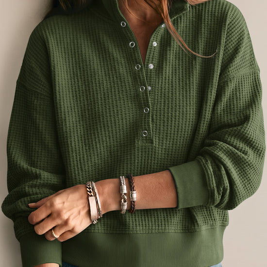 Waffle Knit Button Henley Pullover Sweatshirt - Fisoew