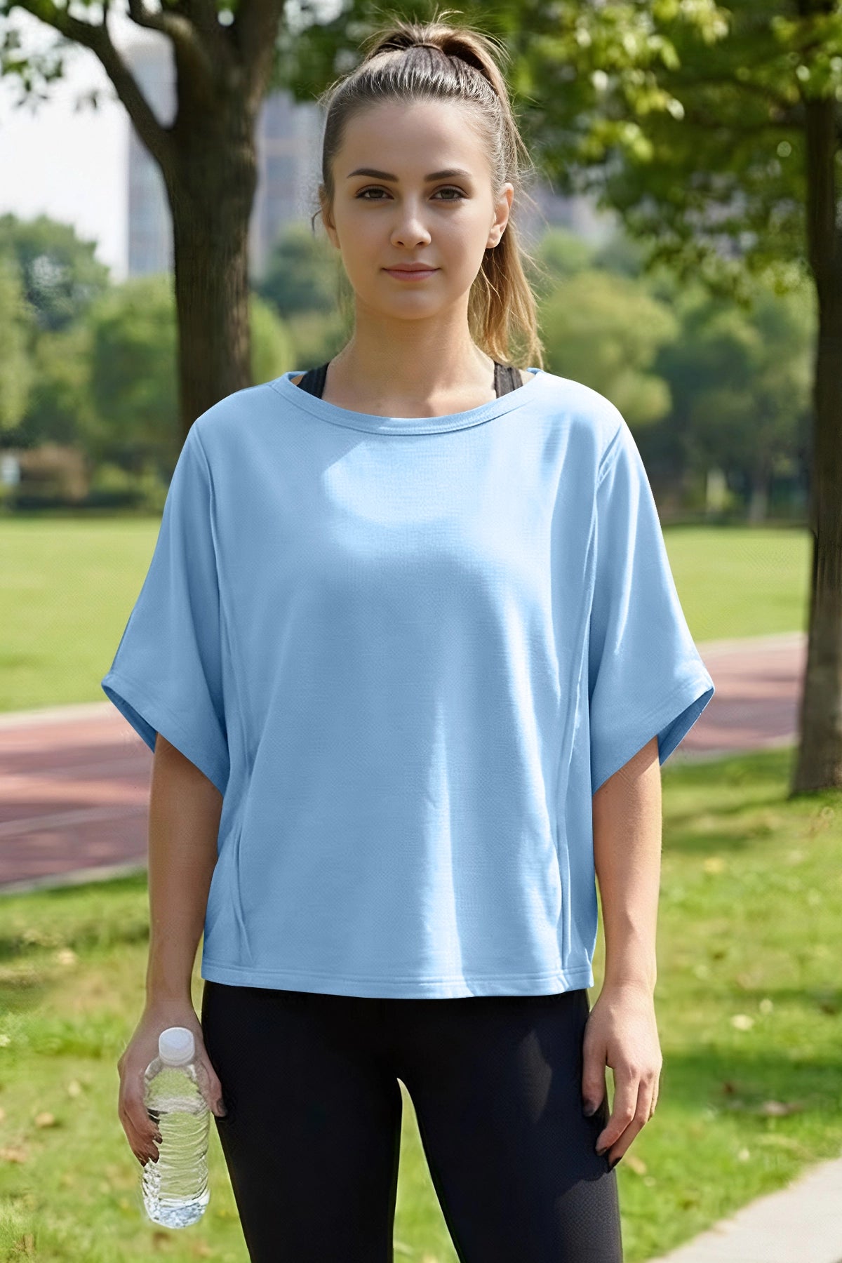 Fisoew Women's Light Blue Oversized Crop Tops Summer T-Shirt - Fisoew