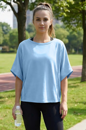 Fisoew Women's Light Blue Oversized Crop Tops Summer T-Shirt - Fisoew