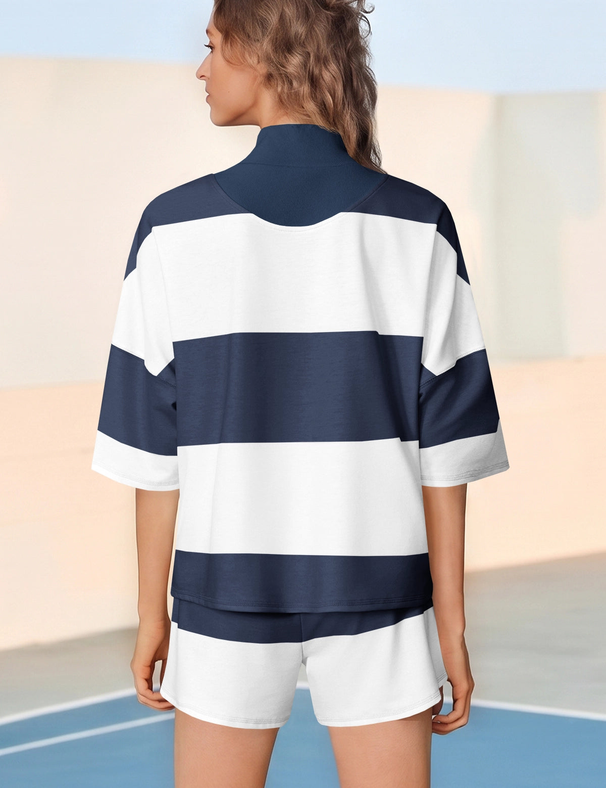 Womens Navy 2 Piece Outfits Striped Sets Fisoew - Fisoew