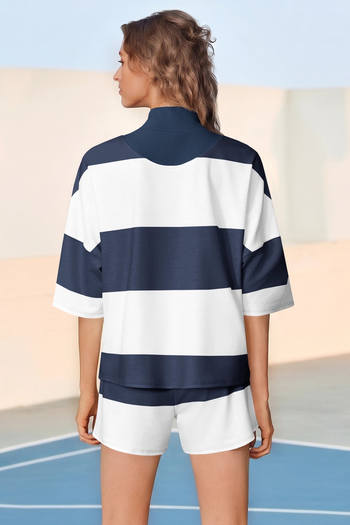 Womens Navy 2 Piece Outfits Striped Sets Fisoew - Fisoew