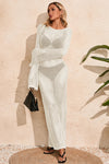 Fisoew Women's Beige Crochet  Long Sleeve Sexy Swimsuit Maxi Dress - Fisoew