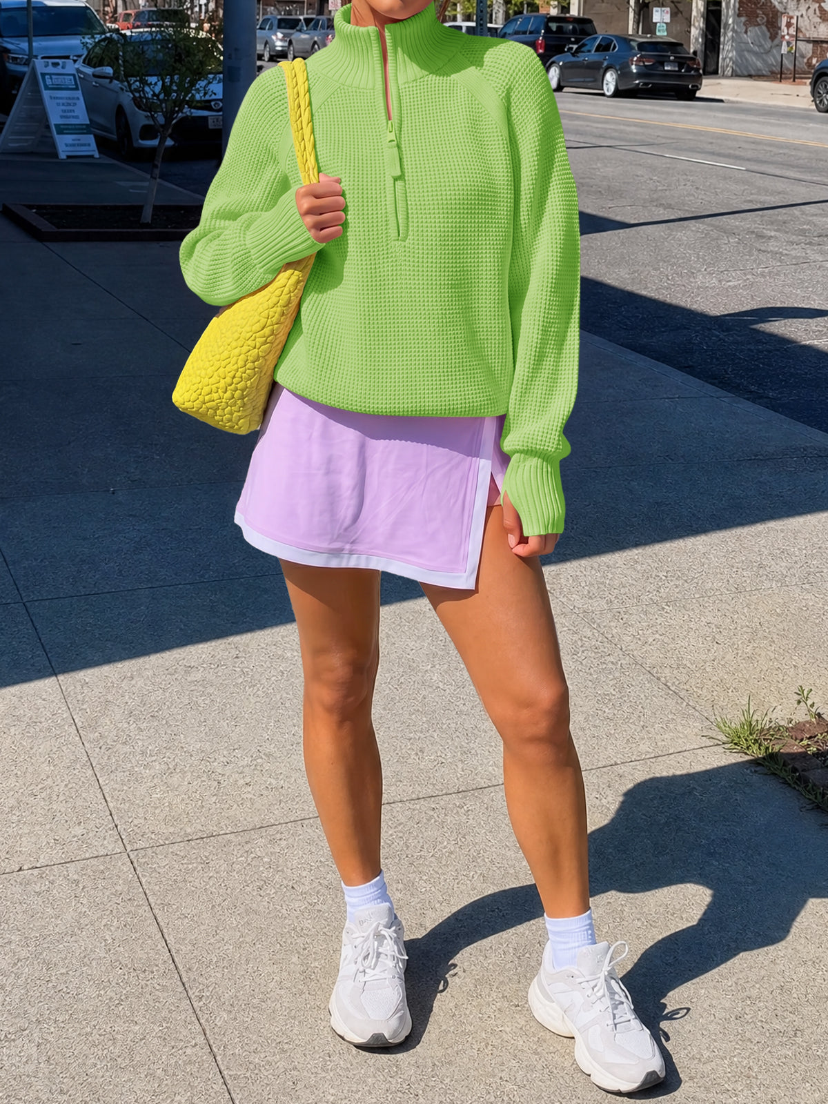 Zip Waffle Knit Long Sleeve Pullover - Fisoew