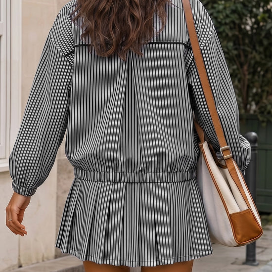 Stripe Zipper Jacket With Pleated Skirt Sets - Fisoew