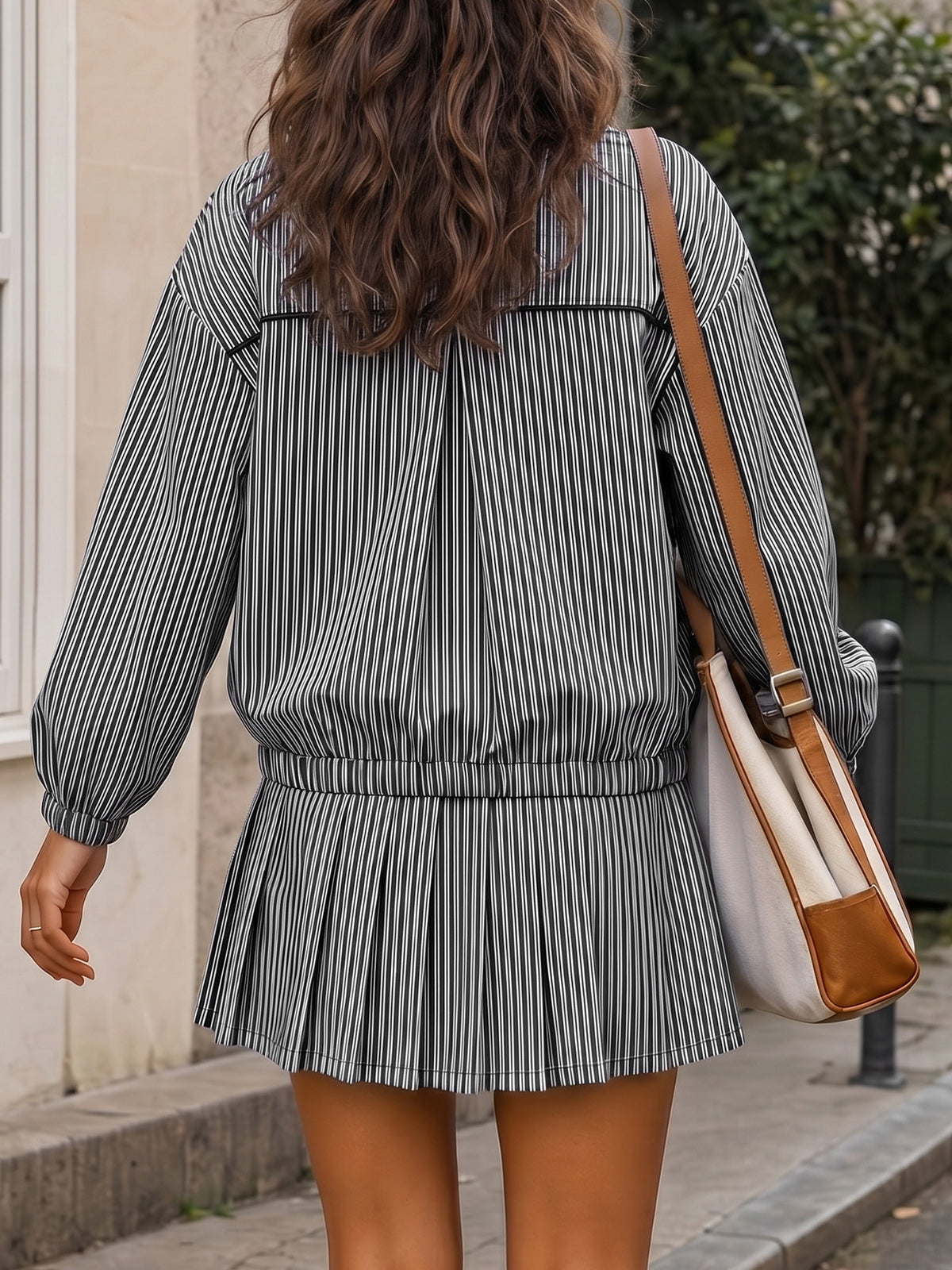 Stripe Zipper Jacket With Pleated Skirt Sets - Fisoew