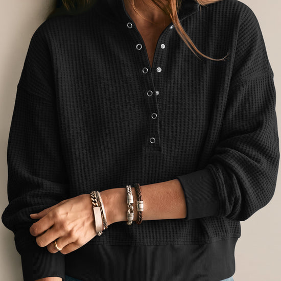 Waffle Knit Button Henley Pullover Sweatshirt - Fisoew