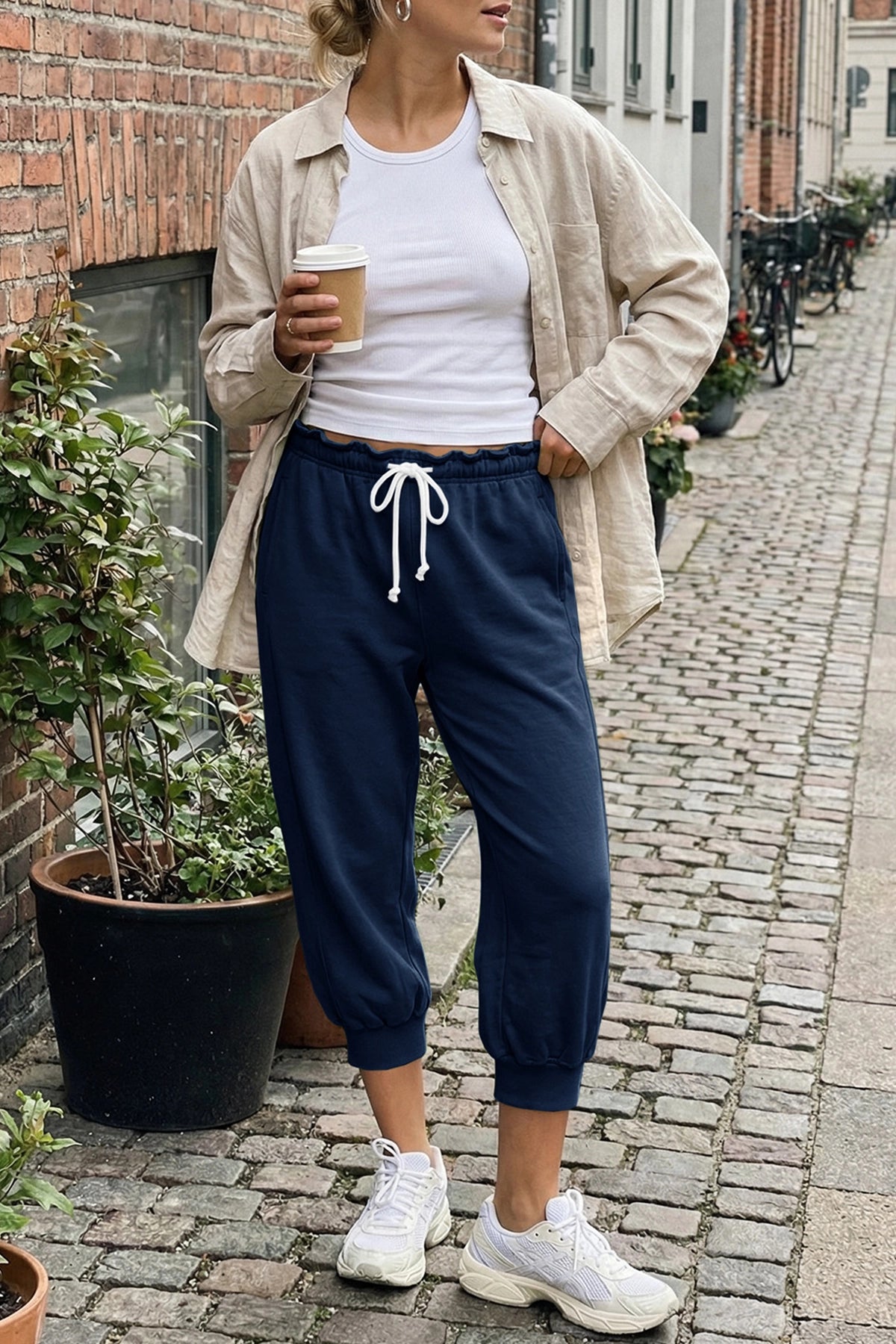 Fisoew Women's  Navy Capri Joggers Trendy Drawstring Waist Sweatpants - Fisoew