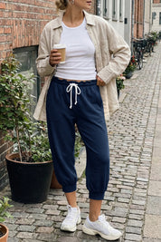 Fisoew Women's  Navy Capri Joggers Trendy Drawstring Waist Sweatpants - Fisoew