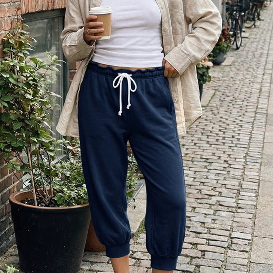 Fisoew Women's  Navy Capri Joggers Trendy Drawstring Waist Sweatpants - Fisoew