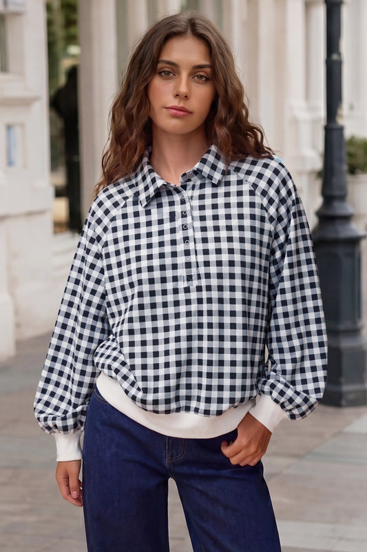 Plaid Print Lapel Neck Crop Sweatshirts - Fisoew