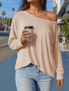 Off Shoulder Solid Long Sleeve T-Shirts - Fisoew