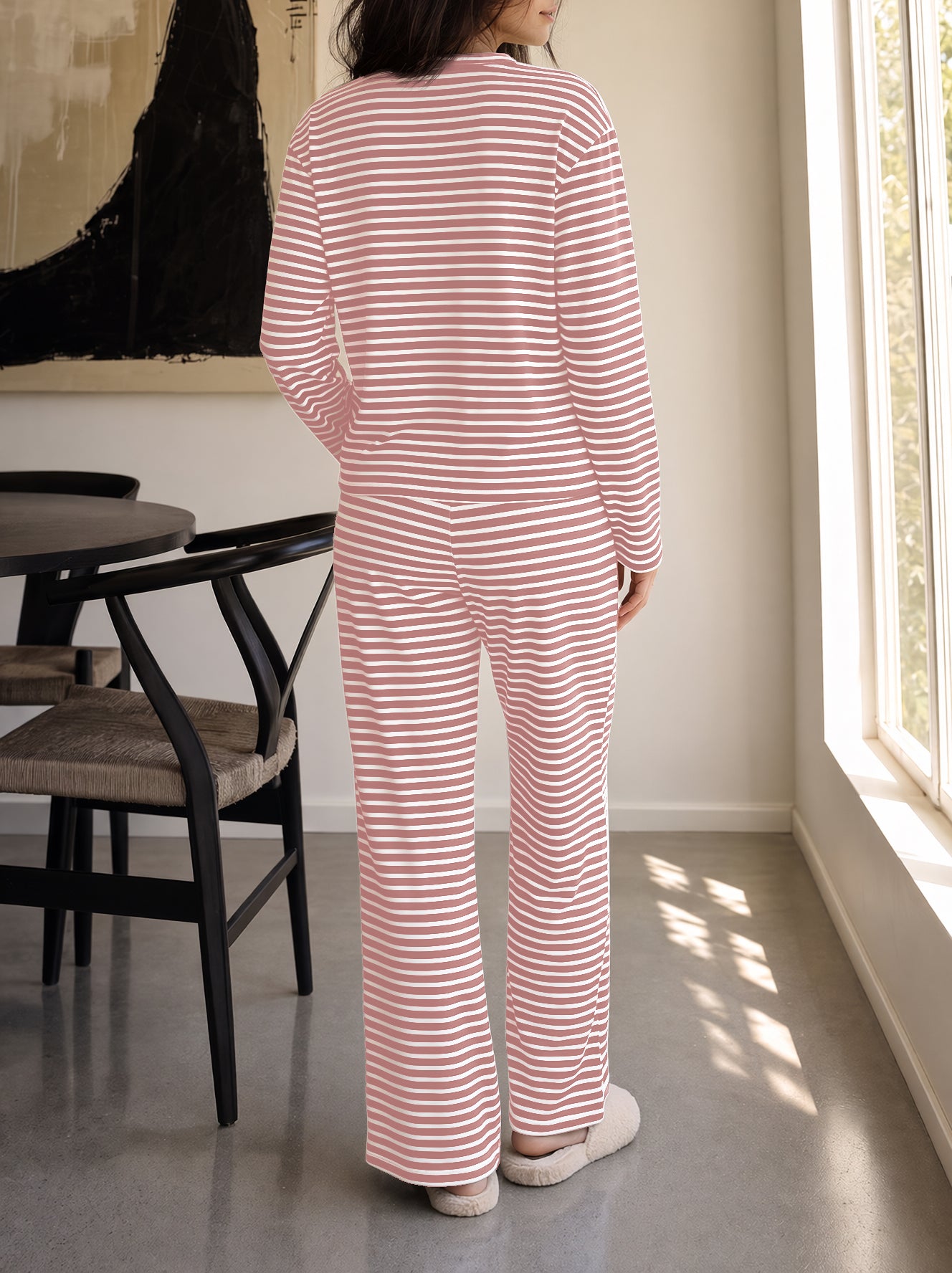 Striped Cardigan With Drawstring Pant Sets - Fisoew