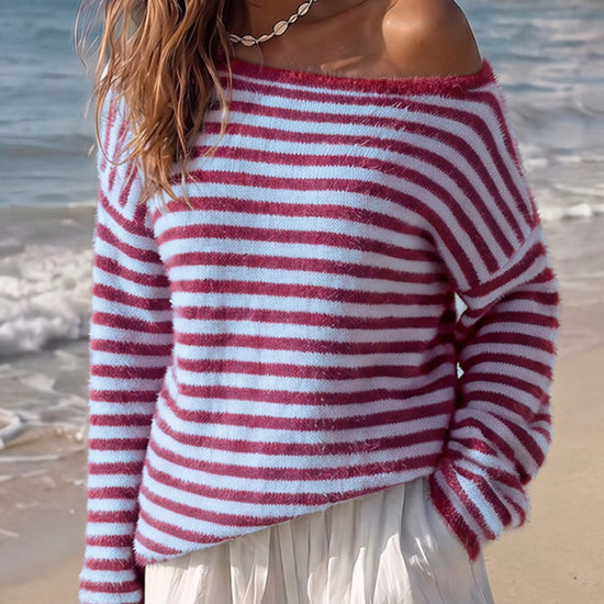 Off Shoulder Striped Knit Pullover - Fisoew
