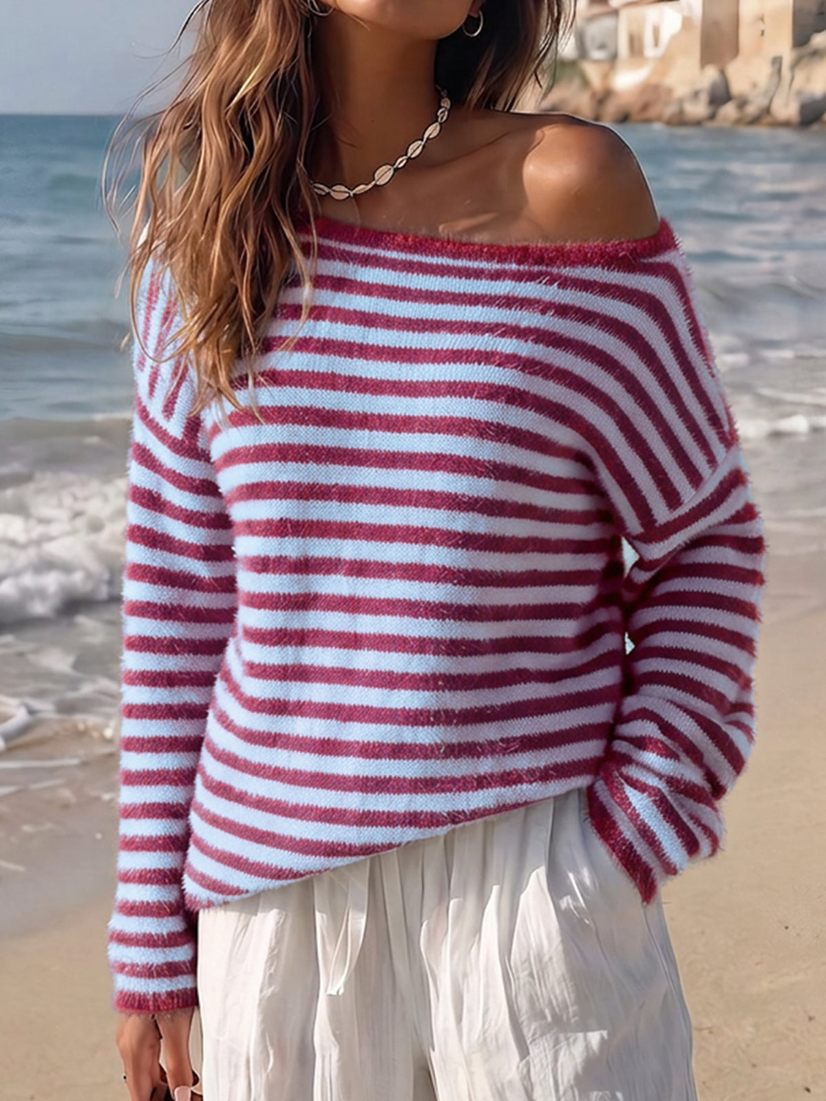 Off Shoulder Striped Knit Pullover - Fisoew