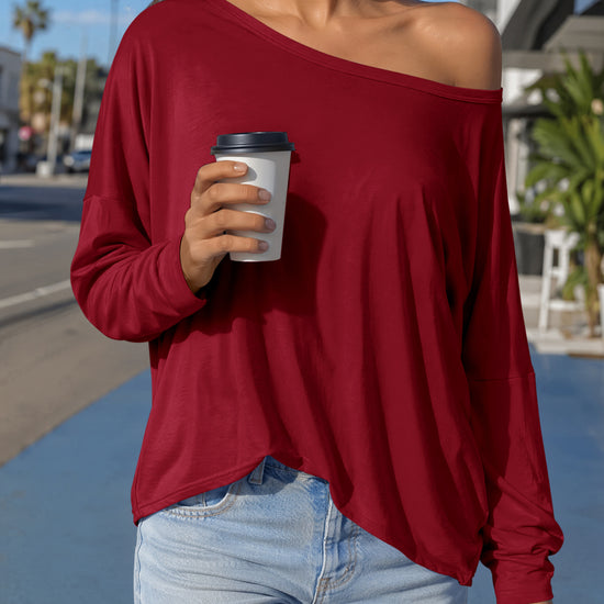 Off Shoulder Solid Long Sleeve T-Shirts - Fisoew