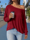 Off Shoulder Solid Long Sleeve T-Shirts - Fisoew