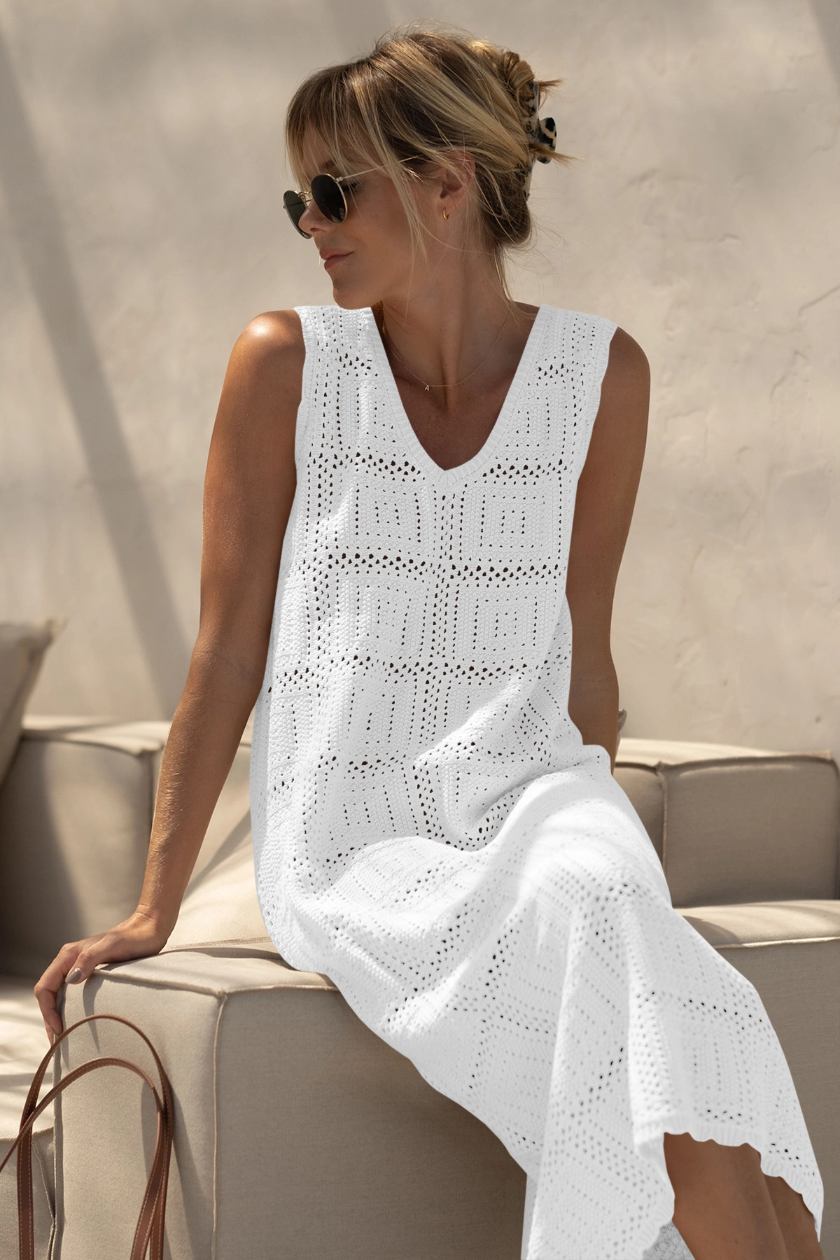 Fisoew Women's White Boho Knit Sleeveless Dress - Fisoew