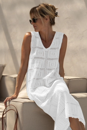 Fisoew Women's White Boho Knit Sleeveless Dress - Fisoew