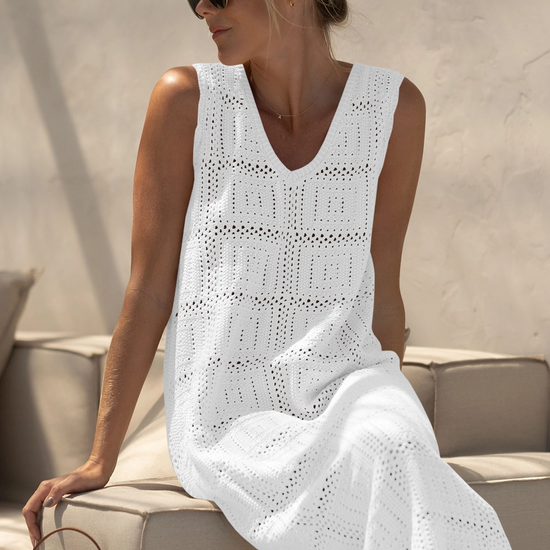 Fisoew Women's White Boho Knit Sleeveless Dress - Fisoew